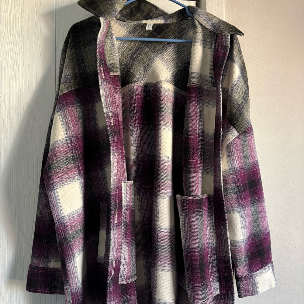 Zenana Outfitters Plaid Jacket - Black, White, Purple